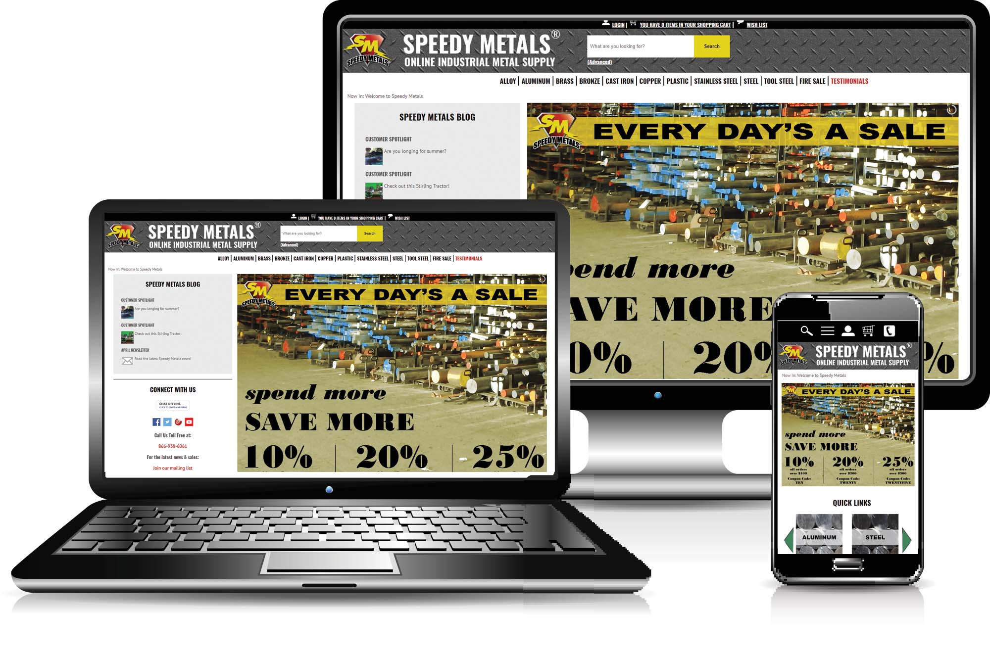 A laptop, desktop, and mobile device displaying the same website in layouts scaled to the size of each screen.