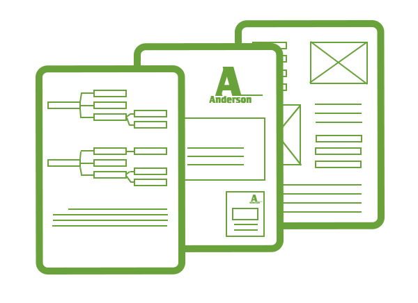 icon of three overlapping tablet shapes featuring lines and rectangles representing logo design, branding, and wireframing