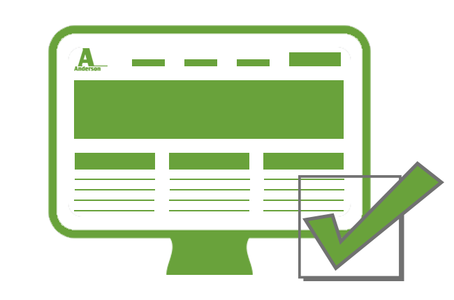 Icon of a monitor with blocks and lines to simulate a website, with a green checkmark superimposed over the top